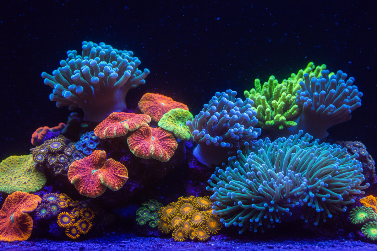Variety of corals under reef light